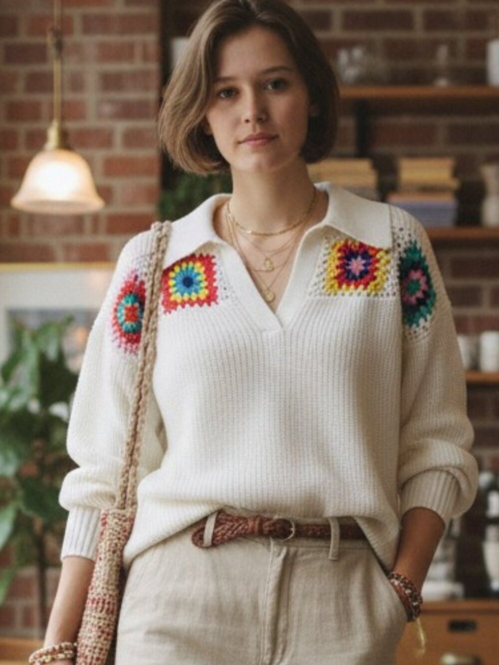 NWT Granny Square Johnny Collar Sweater Multicolor Crochet Cottagecore Cozy Boho